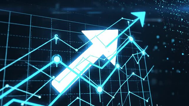 Blue arrow ascending graph with digital data streams and particles during night time