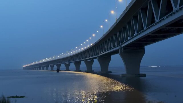 Illuminated Padma Multipurpose Bridge Over Padma River at Blue Hour in Bangladesh