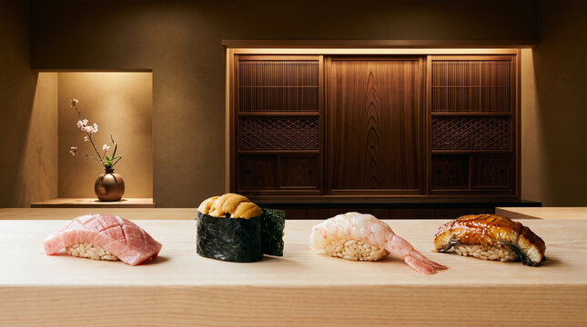 Premium omakase sushi set with otoro uni amaebi and unagi on wooden hinoki counter in luxury restaurant