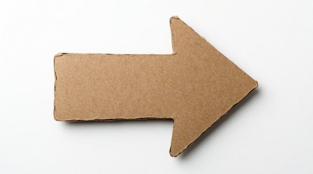 Brown cardboard arrow cutout points right on clean white background. Simple direction sign with rough texture. Ready for adding text or graphics for navigation.