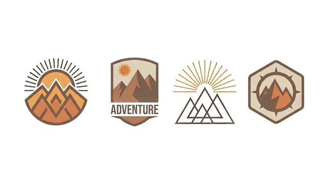 Minimalist geometric mountain adventure badge designs.