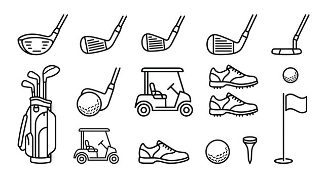 Minimalist line art golf equipment icon set.