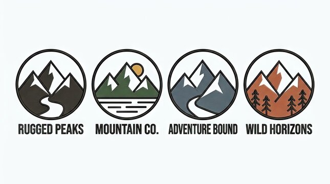 Minimalist rugged peaks and mountain adventure logo set.