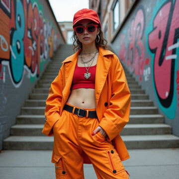 Young woman in bold orange streetwear outfit posing in urban alley with colorful graffiti walls