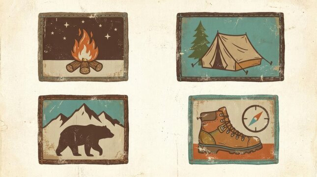 Vintage camping adventure badges collection.