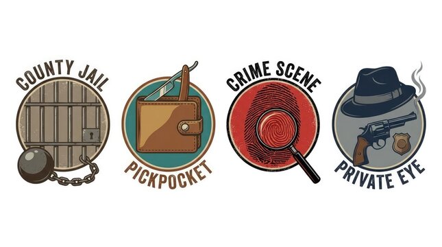Vintage crime scene and private eye detective icons.