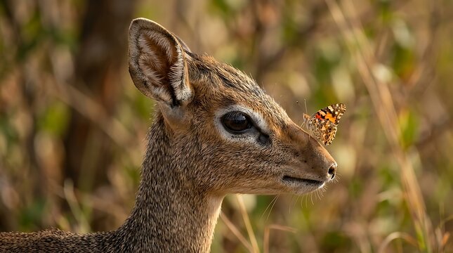 Butterfly rests on the nose of an antelope in a grassy field