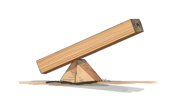 A hand-drawn of a wooden beam balanced on a triangular stone wedge, depicting a seesaw mechanism on a plain white background