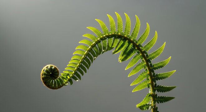 Fresh green fern fiddlehead unfurling against a grey background