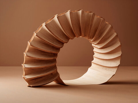 A sculptural made of thin, curved wooden slats arranged in a circular, spiraling form against a solid, monochromatic brown background
