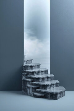 A set of marble stairs with a grey veined pattern standing in front of a tall, narrow vertical opening revealing a cloudy sky in the background