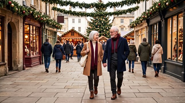 A happy couple strolls through a festive market, surrounded by holiday decorations and cheerful shoppers, embracing the winter spirit.