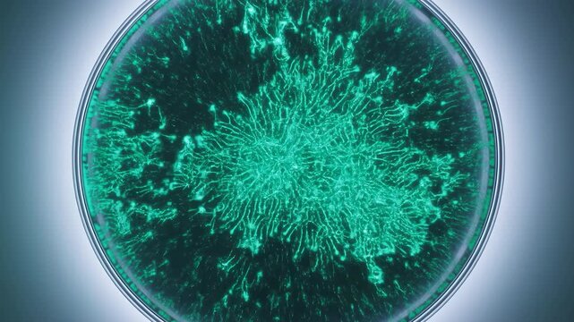 Luminous green branching patterns spread outward across dark surface inside circular glass dish, growing from clustered center into dense radial network under cool overhead light