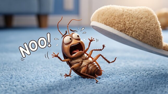 Cartoon cockroach reacts with fear to an approaching house slipper