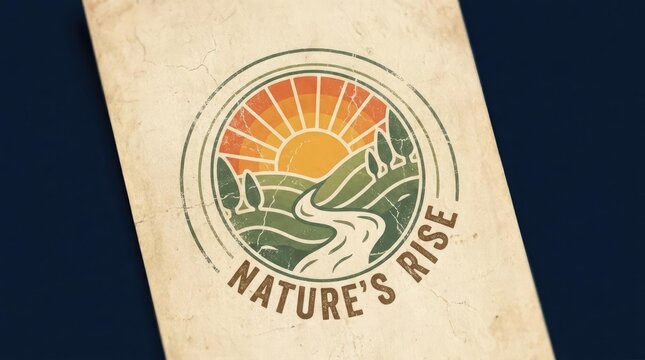 Circular vintage nature landscape badge on aged paper.