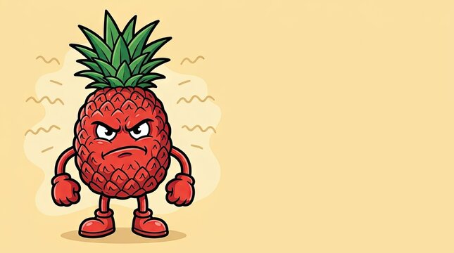 Grumpy pineapple mascot character on yellow background.