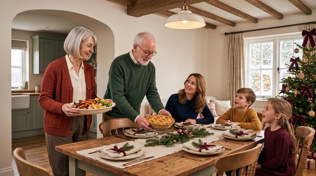 A warm family gathering around a festive table, sharing a delicious meal and creating cherished holiday memories together.