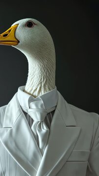 Dapper Goose in Suit: A whimsical portrait of a goose dressed in a sophisticated white suit and tie, showcasing an uncanny sense of style and sophistication.