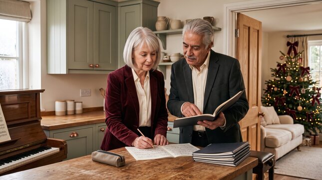 An elderly couple collaborates in a cozy kitchen, sharing moments of joy and planning for the holidays ahead.