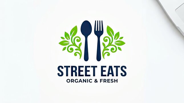 Organic street food logo with fork spoon and leaves.
