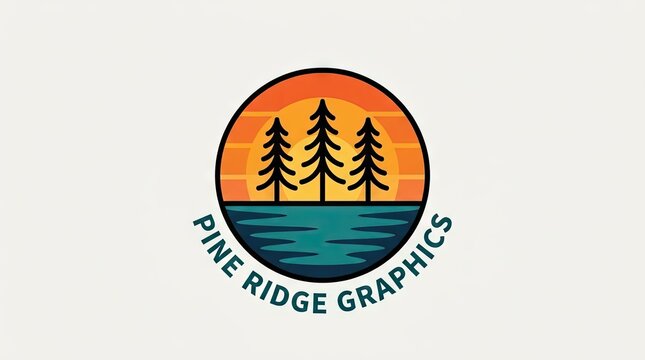 Outdoor badge logo with pine trees and sunset.