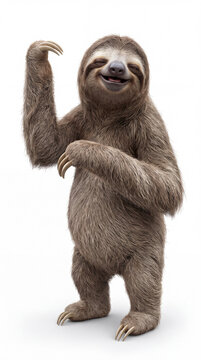 Humorous sloth standing upright with one arm raised in a playful gesture, showcasing a charming smile on its face. Isolated on white background. Image made using Generative AI.