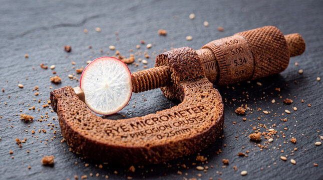 Ground level view of a micrometer measuring a slice of radish on rye bread
