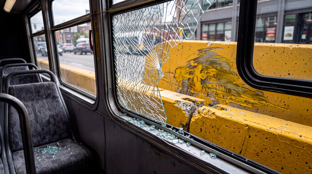 Interior of bus showing shattered window with a view of barrier and scraped side frame