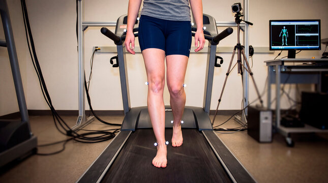 Low angle view of gait analysis showing genu valgum knock knees on treadmill in a lab setting