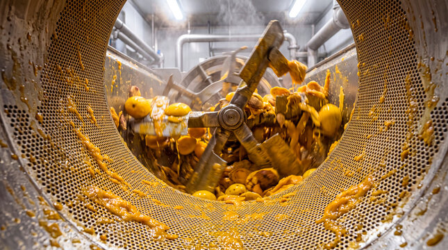 POV from inside a turbo pulper showing mango puree being separated