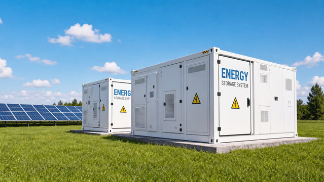 Large White Containerized Energy Storage Systems Standing in Grassy Field Beside Solar Panels, Supporting Sustainable Renewable Grid Infrastructure