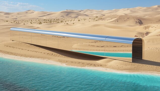 Futuristic mirrored tunnel structure located on a sandy desert beach next to the turquoise ocean water landscape