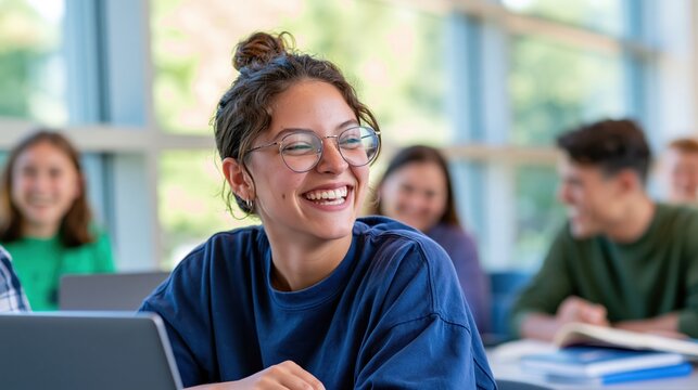Young student with glasses laughs during a lively classroom discussion