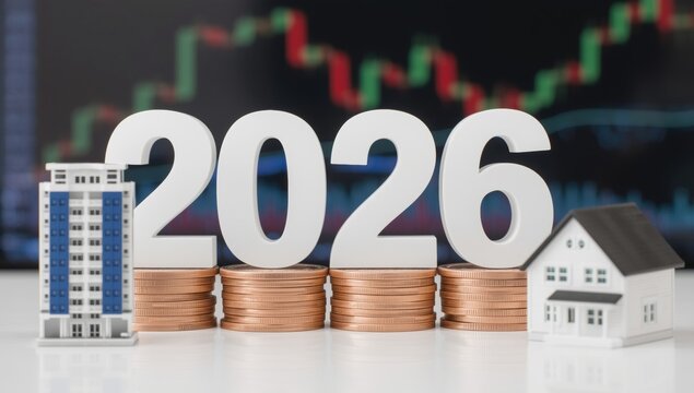 White 2026 numbers standing on stacks of copper coins with miniature skyscraper and house models on a desk