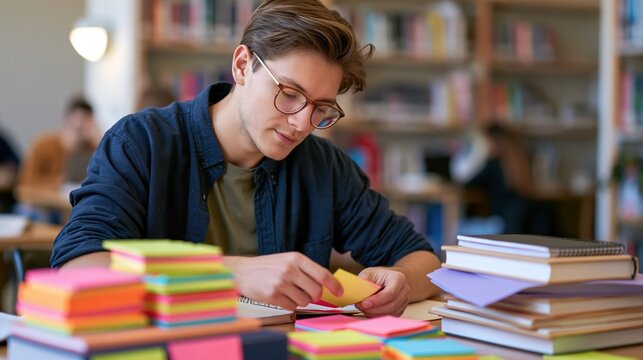 Young male college student organizing colorful sticky notes at a library desk
