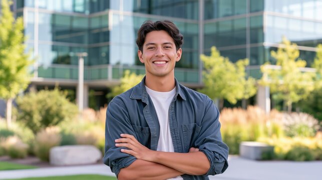 Young man with arms crossed smiles confidently outside a modern university building