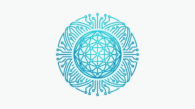 Blue teal circular technical logo featuring a central geodesic network sphere surrounded by circuit board traces and digital motherboard pathways on a white background.