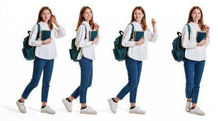Fototapeta premium Young woman college student with backpack and books, smiling and walking confidently