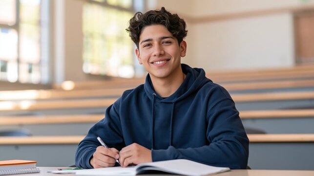 Young Latino college student smiling while studying in a lecture hall