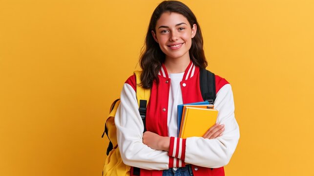 Smiling student in varsity jacket holding books with backpack against yellow background