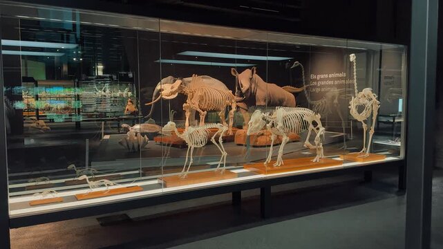 A collection of animal skeletons and taxidermy models is displayed inside a modern glass showcase at a natural history science museum, illustrating comparative anatomy, wildlife biological evolution