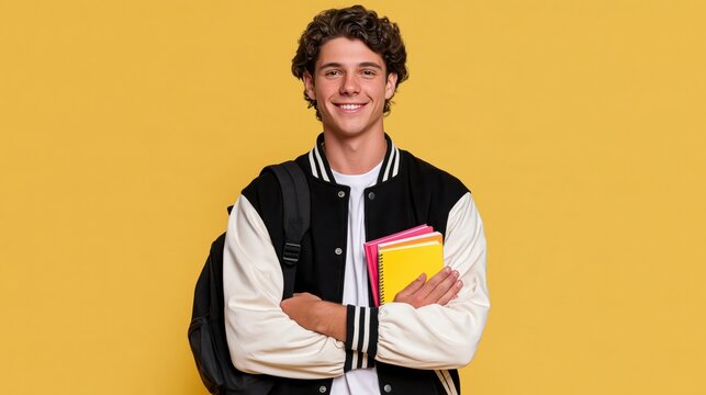 Smiling young student in varsity jacket holding books and backpack