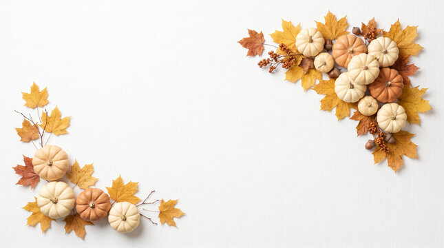Autumn Pumpkins and Leaves Composition on White Surface