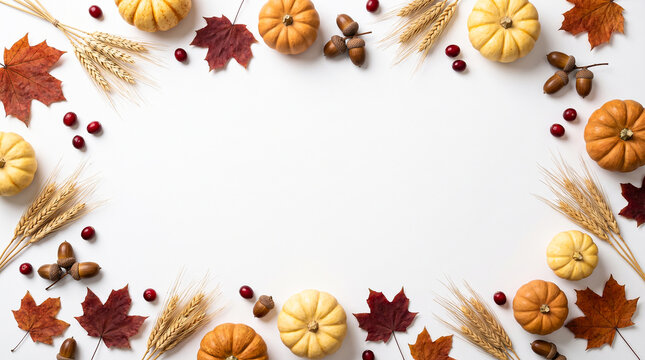 Autumn Harvest Pumpkins and Leaves Arrangement on White Surface