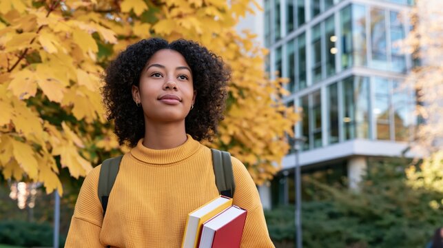 Young Black college student with books and backpack on campus in autumn