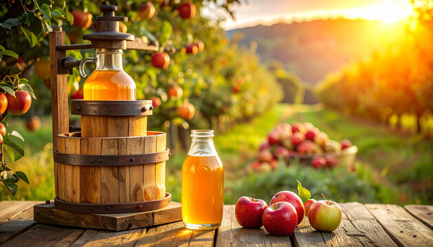 Golden apple cider press sits on a wooden table in a sunlit orchard, capturing the warmth of harvest season. Nobody is present in this rustic, refreshing scene promoting healthy autumn living.