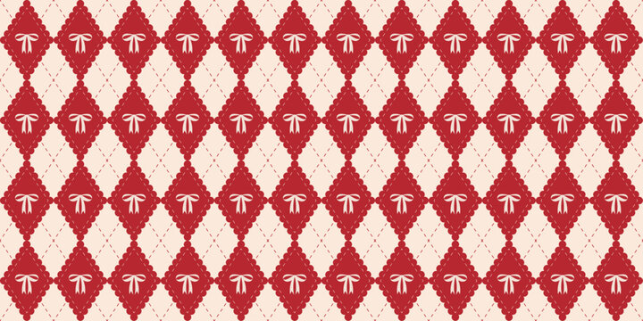 Coquette red argyle seamless pattern with bow. Cute harlequin rhombus background. Festive xmas print for textile, fabric and wrapping paper. Diamond shaped preppy pattern. Vector illustration