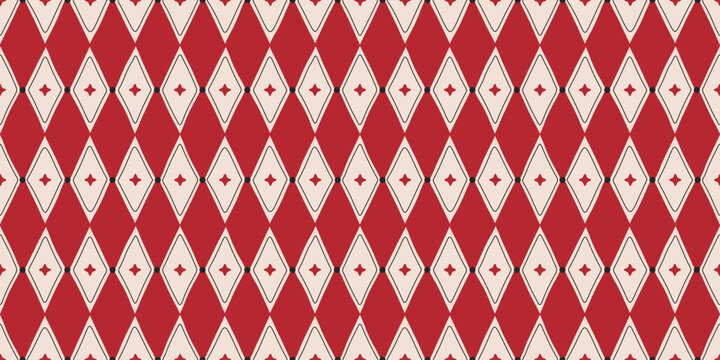 Red Circus Argyle Seamless Pattern with Star. Irregular harlequin rhombus background. Hand drawn geometric masquerade ornament. Simple print for wrapping paper, fabric and textile. Vector illustration