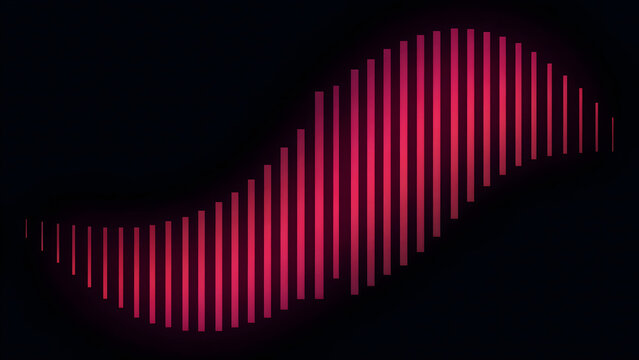 Abstract digital wave pattern composed of glowing pink vertical bars arranged in a rhythmic sine wave shape on a deep black background