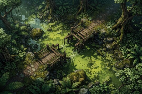 Fantasy battlemap depicts toxic swamp with broken wooden bridge. Rich greenery surrounds murky water. Players explore dangerous terrain on tabletop RPG.
